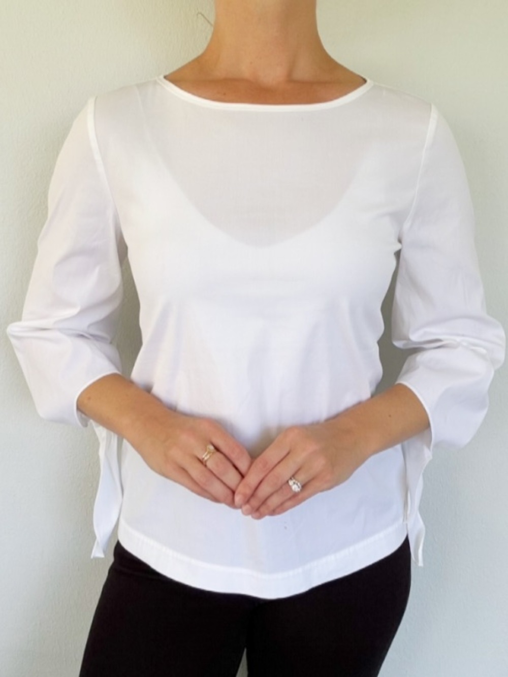 Lafayette 148 white cotton stretch cropped tie sleeve boat neck blouse small